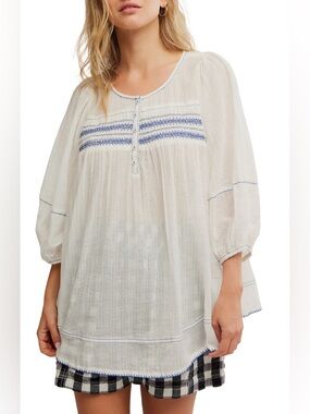 Free People Dylan Smocked Tunic NWT Ivory Blue Embroidered Boho Top Medium